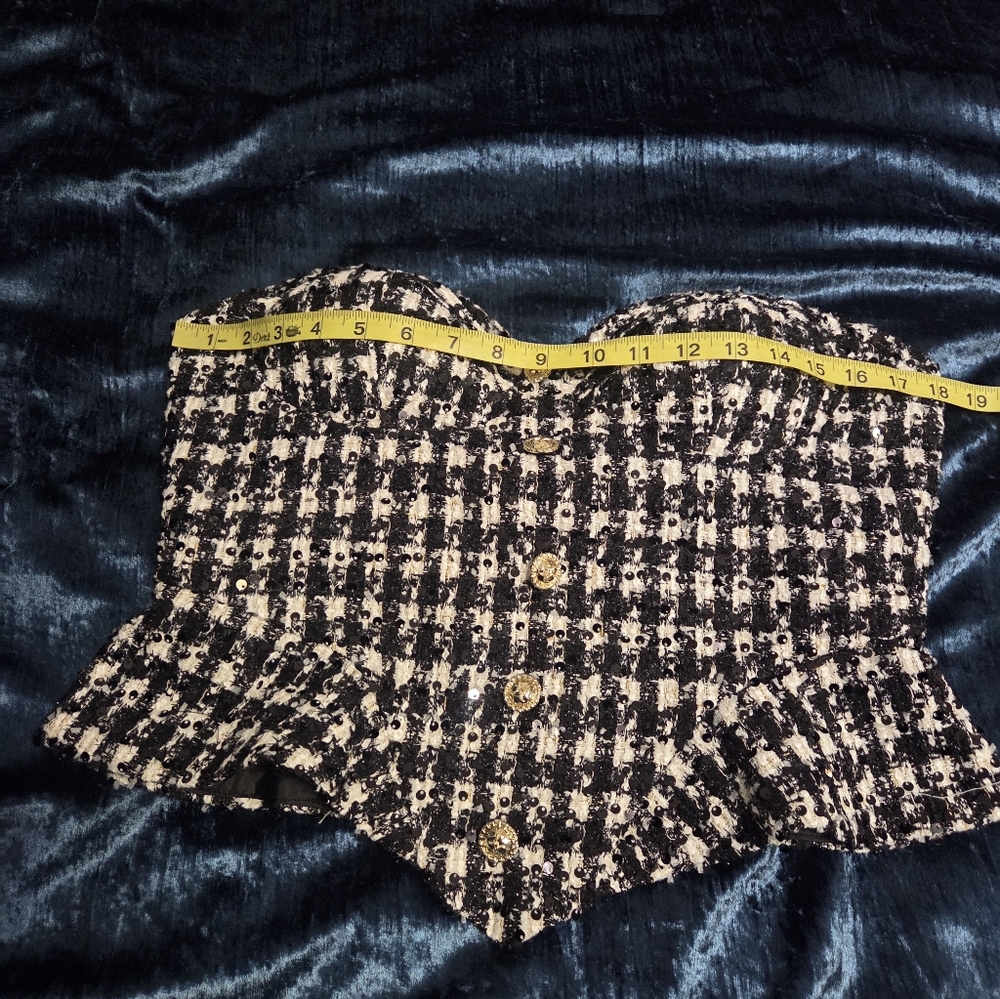Strapless Houndstooth Black & White Sweetheart Bustier Peplum Top Slight Sequin - Picture 4 of 7